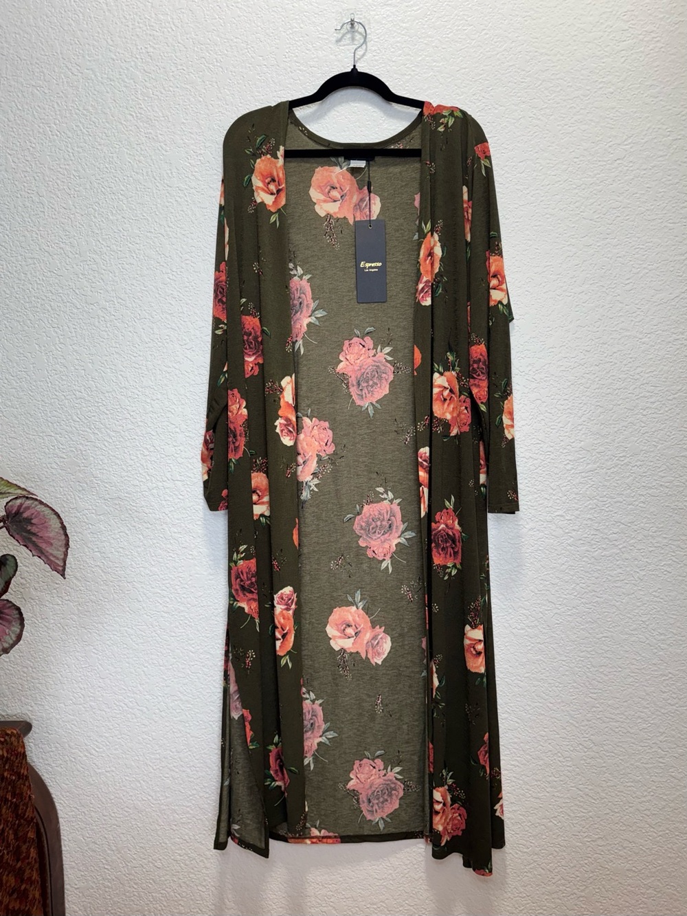 Espresso Olive Green Top with Pink Floral Print